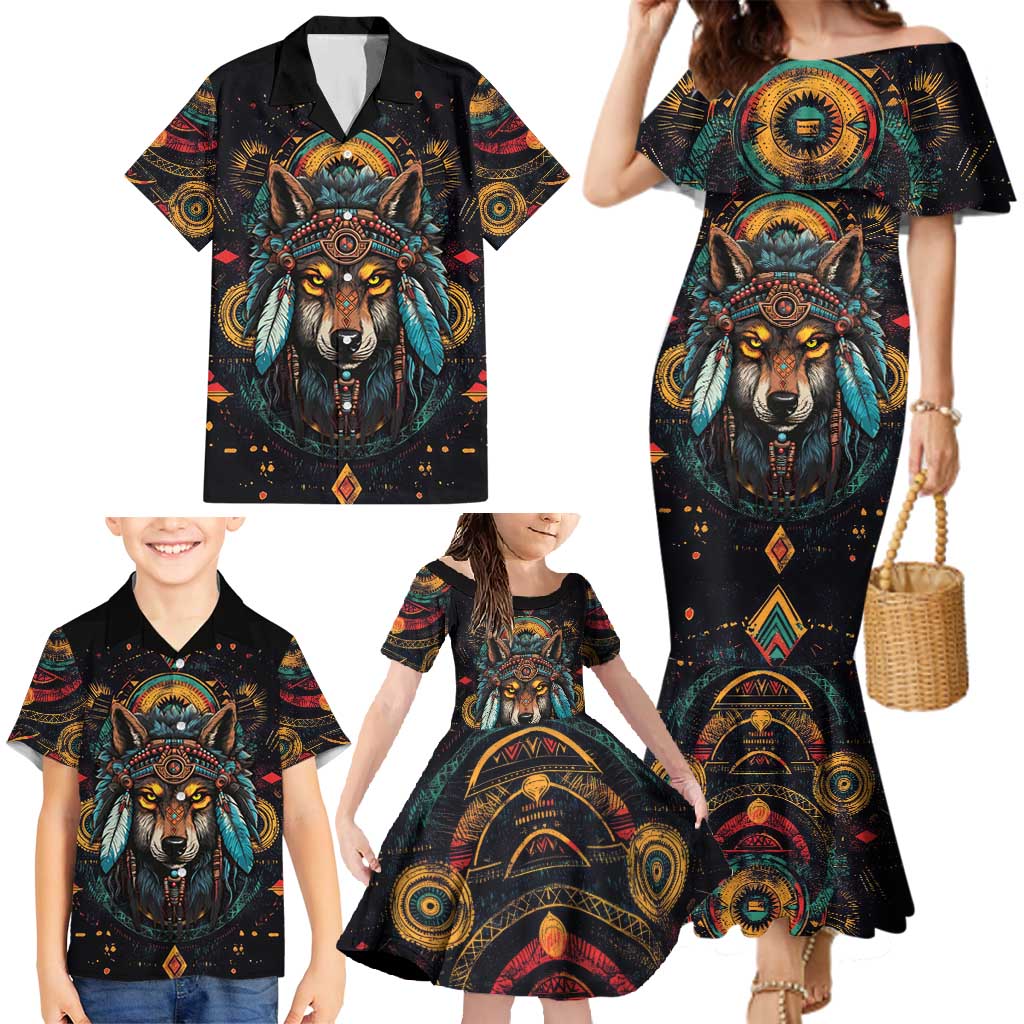 Native American Wolf Family Matching Mermaid Dress and Hawaiian Shirt Abstract Geometric Style