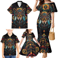Native American Wolf Family Matching Mermaid Dress and Hawaiian Shirt Abstract Geometric Style