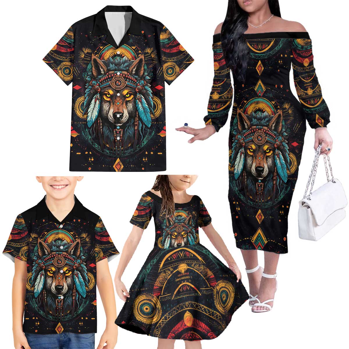 Native American Wolf Family Matching Off The Shoulder Long Sleeve Dress and Hawaiian Shirt Abstract Geometric Style