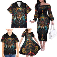 Native American Wolf Family Matching Off The Shoulder Long Sleeve Dress and Hawaiian Shirt Abstract Geometric Style