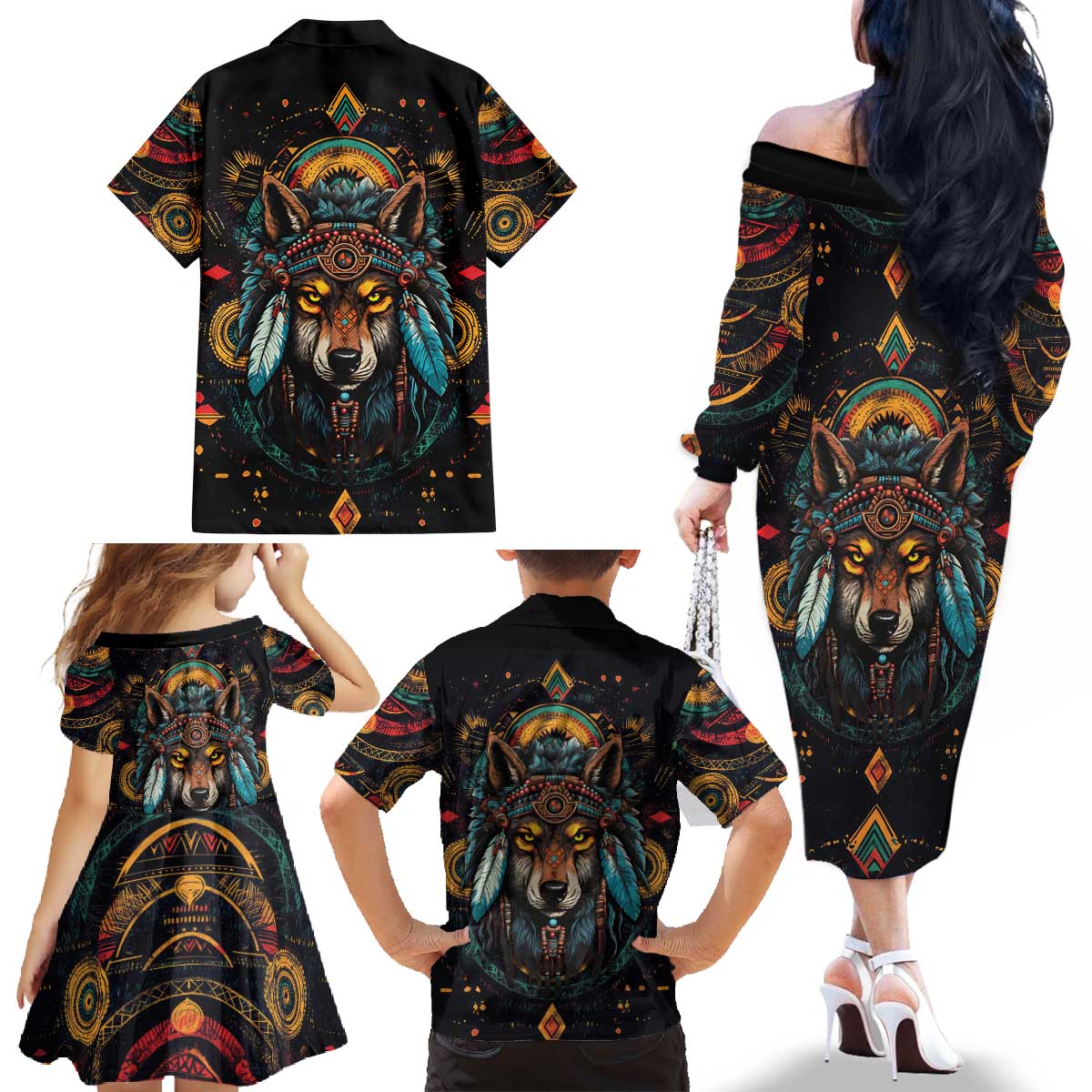 Native American Wolf Family Matching Off The Shoulder Long Sleeve Dress and Hawaiian Shirt Abstract Geometric Style