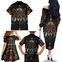 Native American Wolf Family Matching Off The Shoulder Long Sleeve Dress and Hawaiian Shirt Abstract Geometric Style