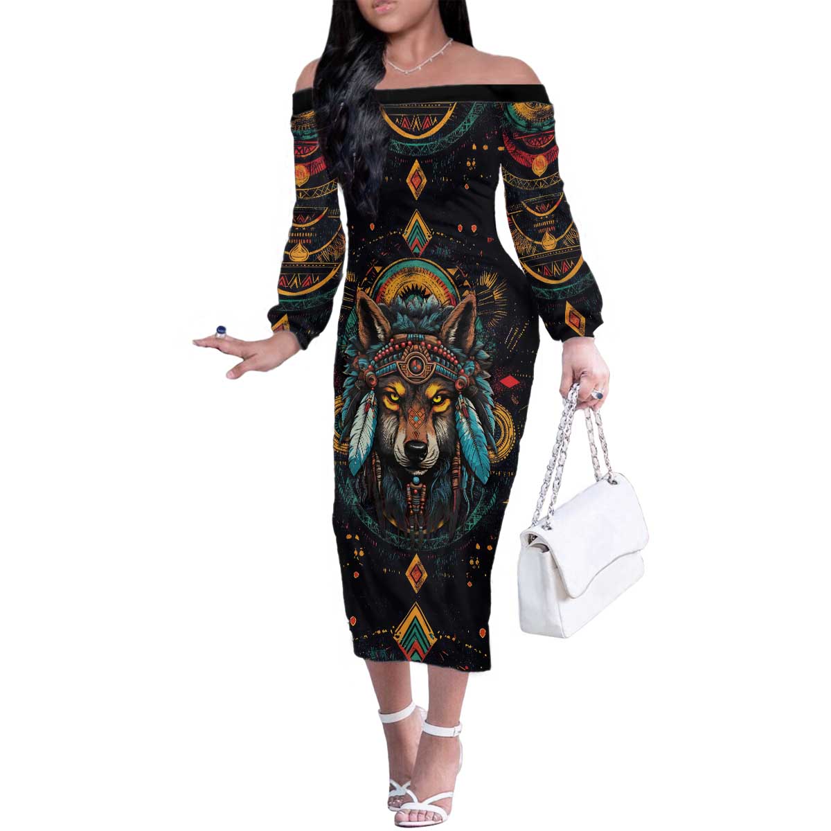 Native American Wolf Family Matching Off The Shoulder Long Sleeve Dress and Hawaiian Shirt Abstract Geometric Style