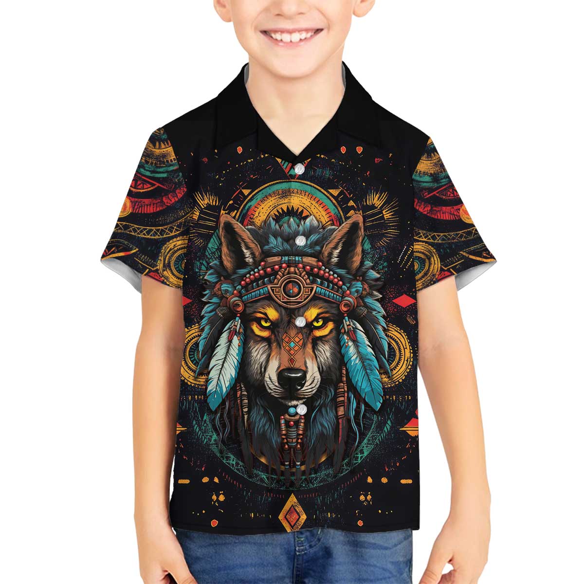 Native American Wolf Family Matching Off The Shoulder Long Sleeve Dress and Hawaiian Shirt Abstract Geometric Style