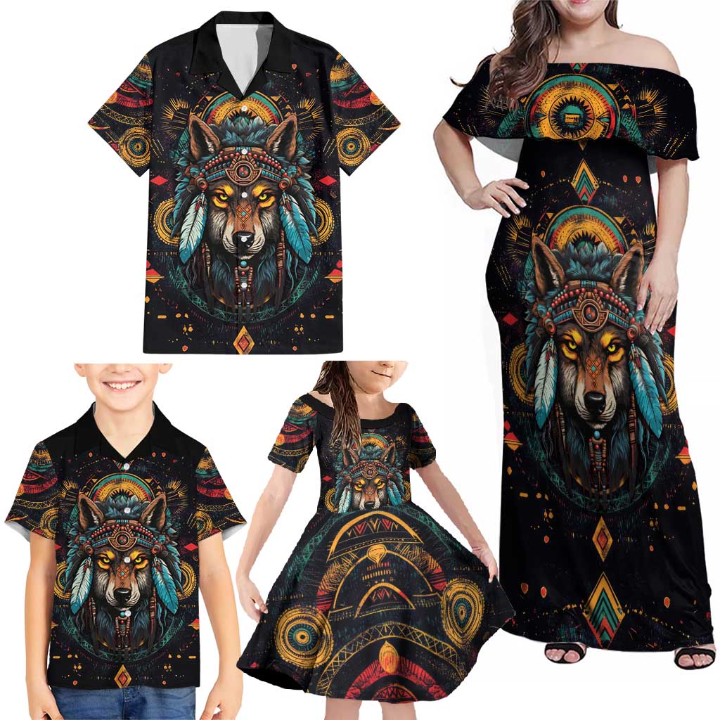 Native American Wolf Family Matching Off Shoulder Maxi Dress and Hawaiian Shirt Abstract Geometric Style