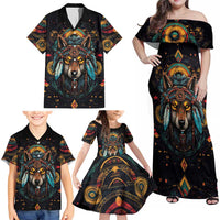 Native American Wolf Family Matching Off Shoulder Maxi Dress and Hawaiian Shirt Abstract Geometric Style