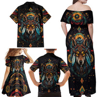 Native American Wolf Family Matching Off Shoulder Maxi Dress and Hawaiian Shirt Abstract Geometric Style