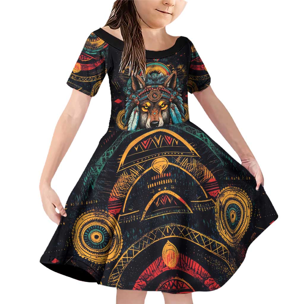 Native American Wolf Family Matching Off Shoulder Short Dress and Hawaiian Shirt Abstract Geometric Style
