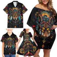 Native American Wolf Family Matching Off Shoulder Short Dress and Hawaiian Shirt Abstract Geometric Style