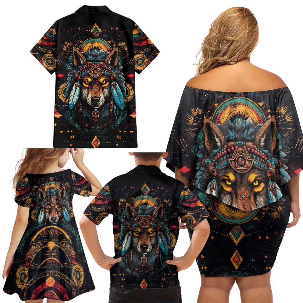 Native American Wolf Family Matching Off Shoulder Short Dress and Hawaiian Shirt Abstract Geometric Style