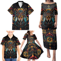Native American Wolf Family Matching Puletasi and Hawaiian Shirt Abstract Geometric Style