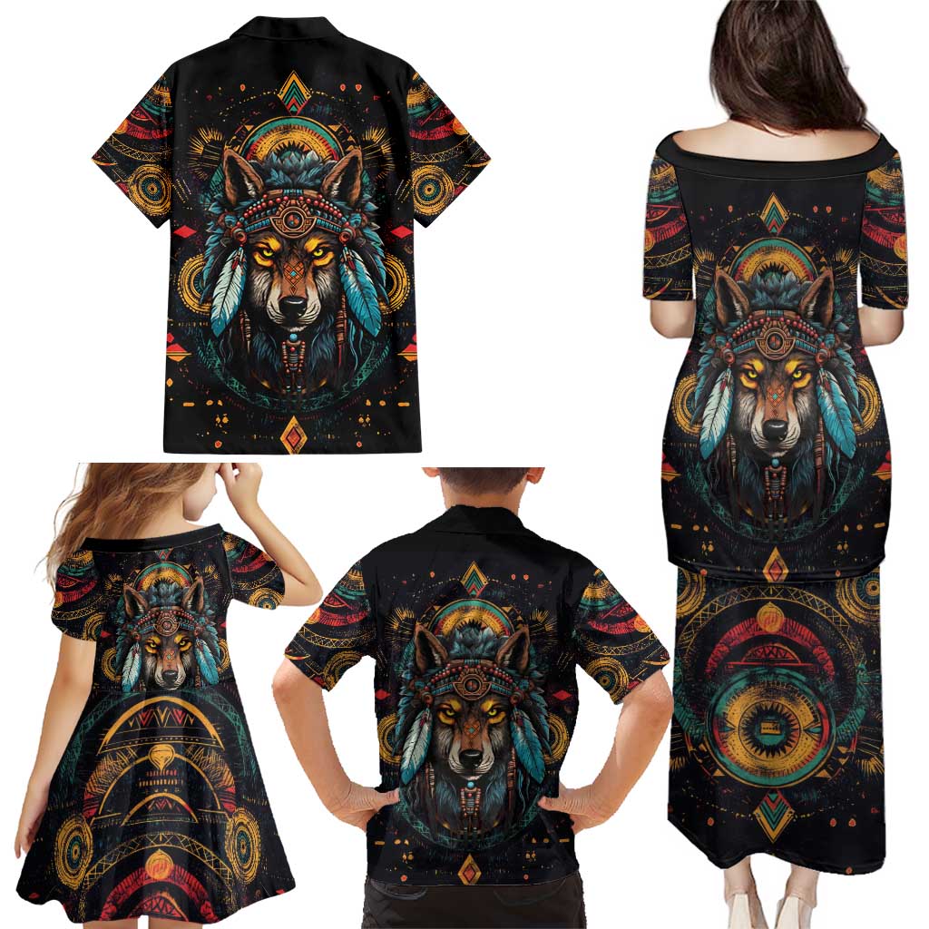 Native American Wolf Family Matching Puletasi and Hawaiian Shirt Abstract Geometric Style