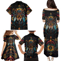 Native American Wolf Family Matching Puletasi and Hawaiian Shirt Abstract Geometric Style