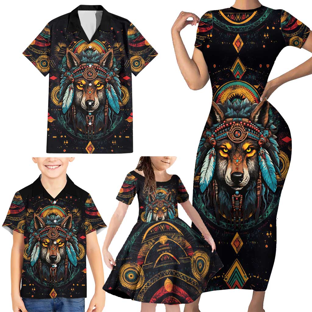 Native American Wolf Family Matching Short Sleeve Bodycon Dress and Hawaiian Shirt Abstract Geometric Style