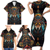 Native American Wolf Family Matching Short Sleeve Bodycon Dress and Hawaiian Shirt Abstract Geometric Style