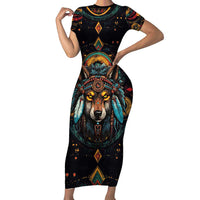 Native American Wolf Family Matching Short Sleeve Bodycon Dress and Hawaiian Shirt Abstract Geometric Style
