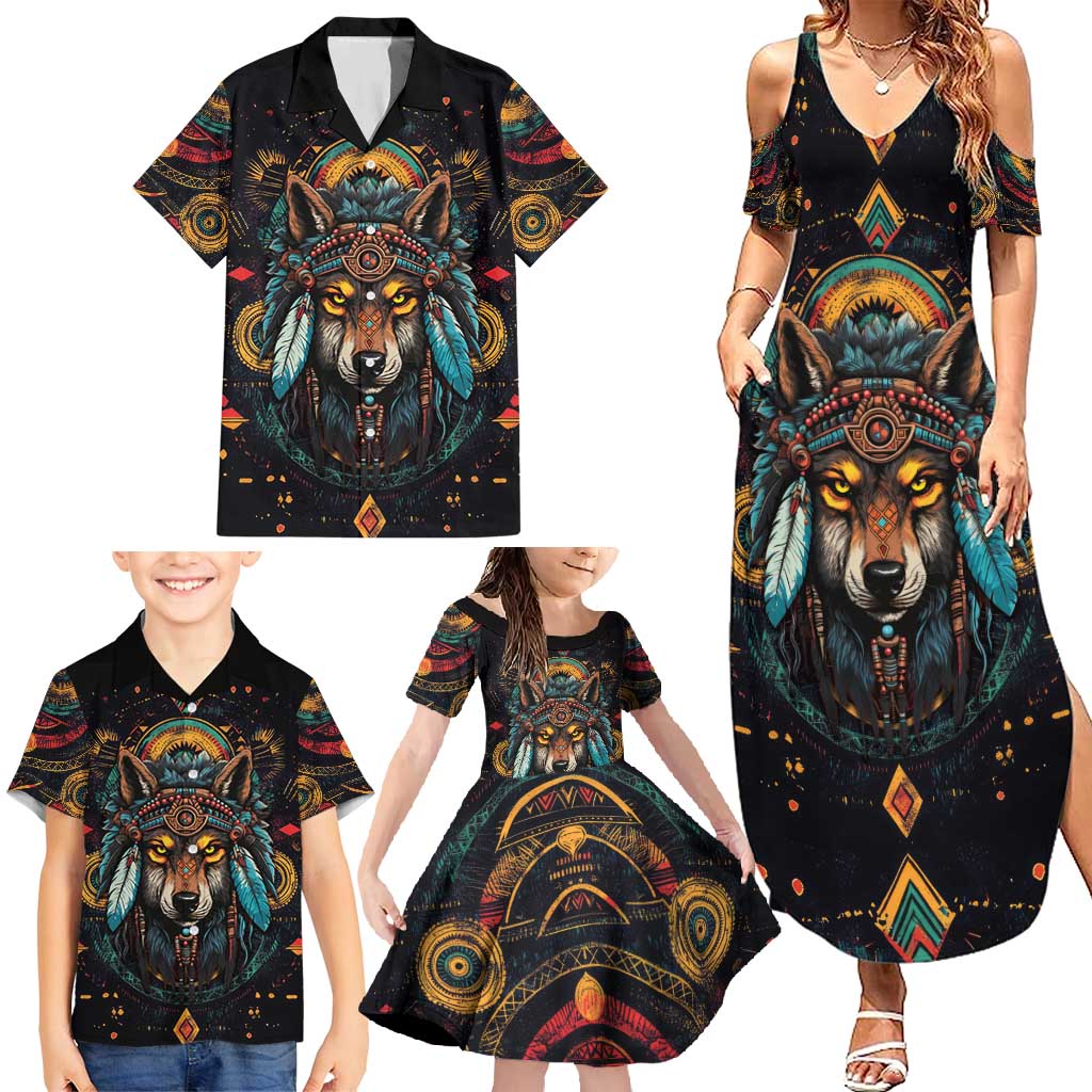 Native American Wolf Family Matching Summer Maxi Dress and Hawaiian Shirt Abstract Geometric Style