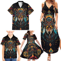 Native American Wolf Family Matching Summer Maxi Dress and Hawaiian Shirt Abstract Geometric Style