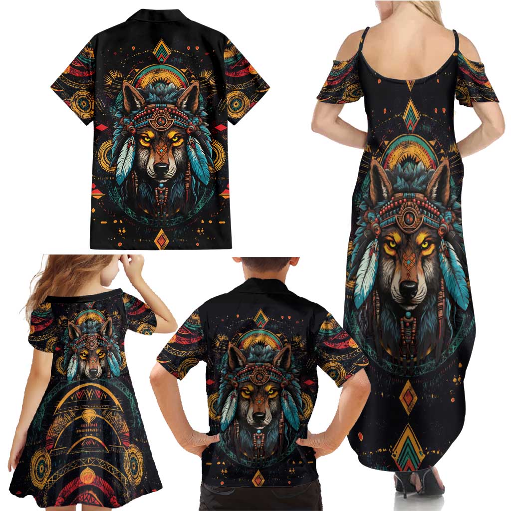 Native American Wolf Family Matching Summer Maxi Dress and Hawaiian Shirt Abstract Geometric Style