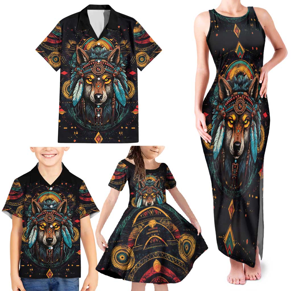 Native American Wolf Family Matching Tank Maxi Dress and Hawaiian Shirt Abstract Geometric Style