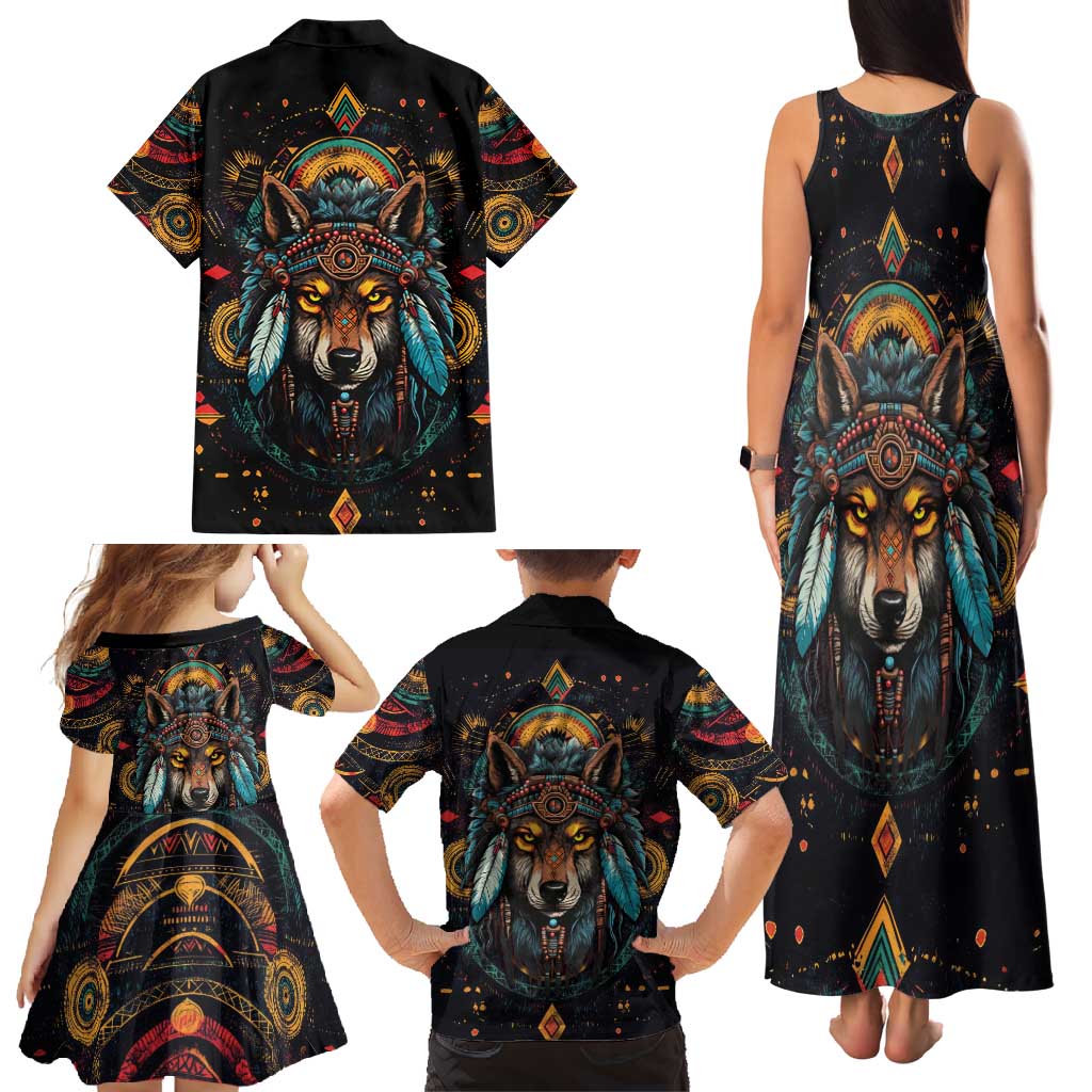 Native American Wolf Family Matching Tank Maxi Dress and Hawaiian Shirt Abstract Geometric Style