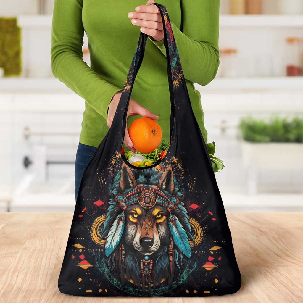 Native American Wolf Grocery Bag Abstract Geometric Style