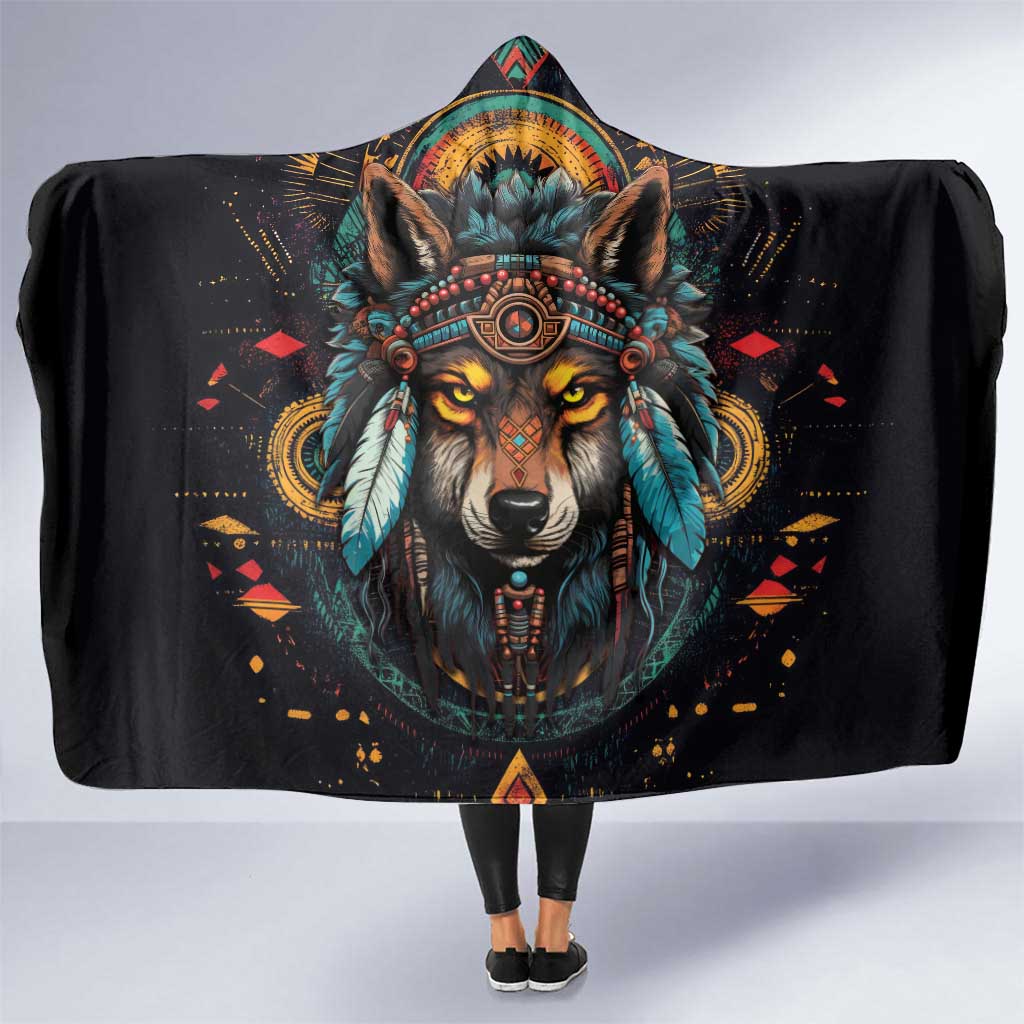 Native American Wolf Hooded Blanket Abstract Geometric Style