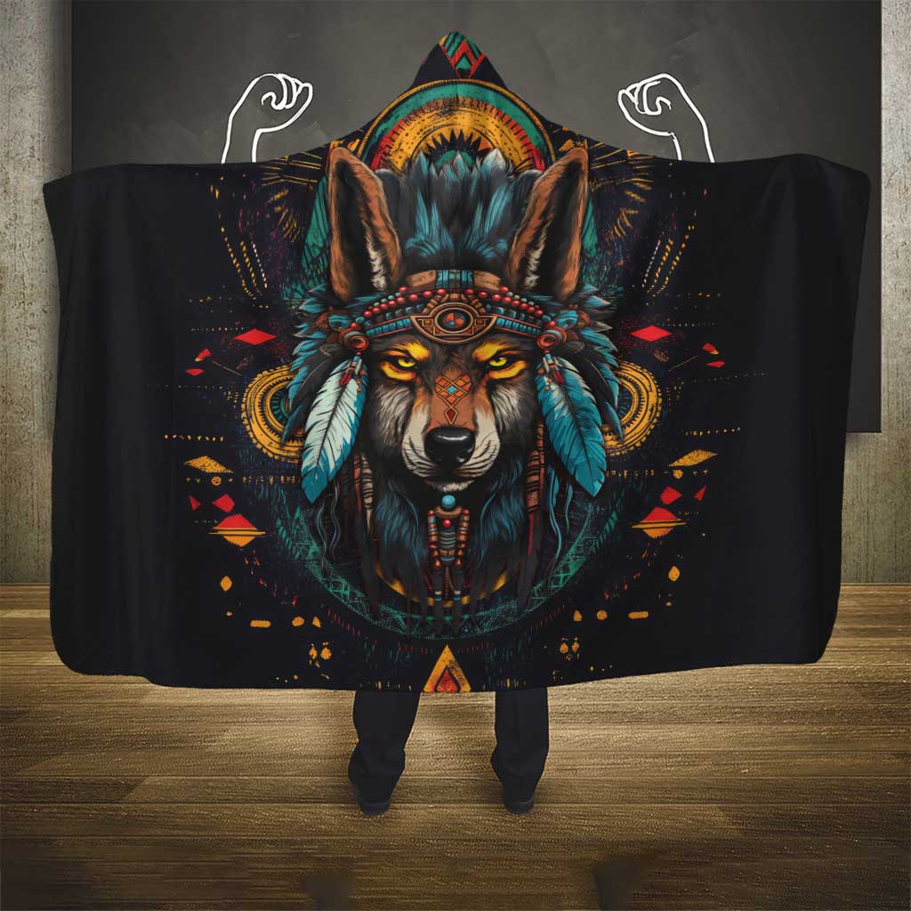 Native American Wolf Hooded Blanket Abstract Geometric Style
