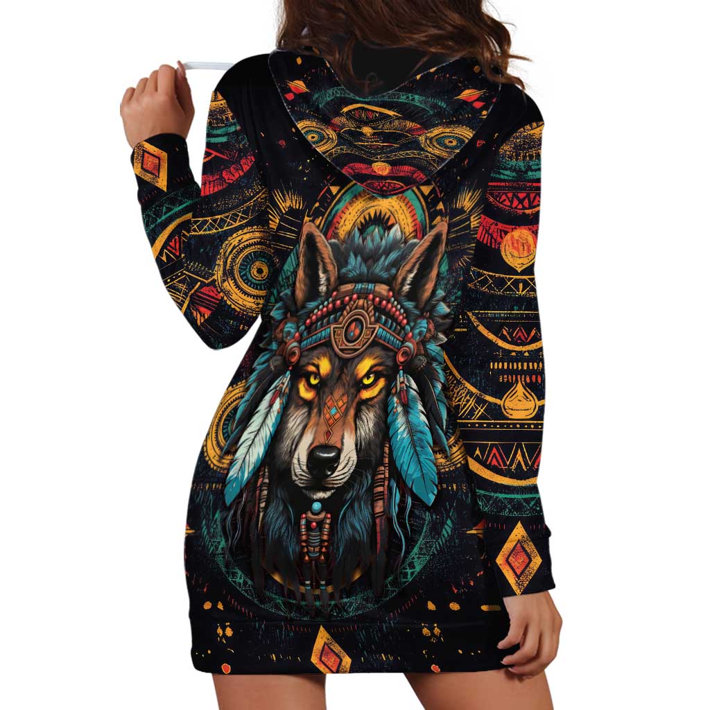 Native American Wolf Hoodie Dress Abstract Geometric Style
