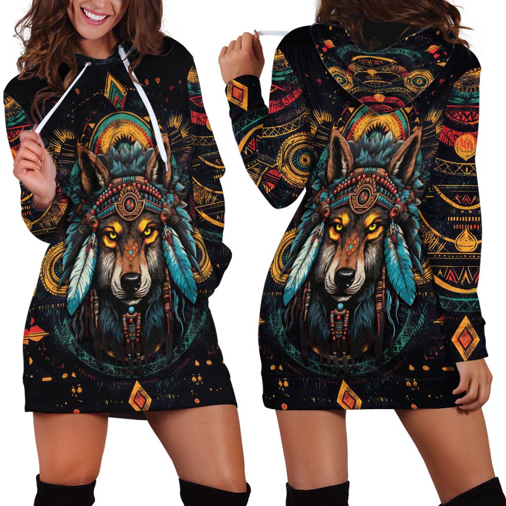 Native American Wolf Hoodie Dress Abstract Geometric Style
