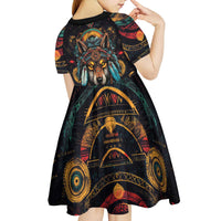 Native American Wolf Kid Short Sleeve Dress Abstract Geometric Style
