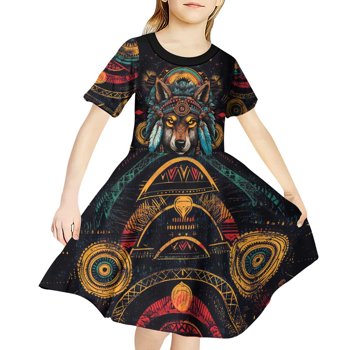 Native American Wolf Kid Short Sleeve Dress Abstract Geometric Style