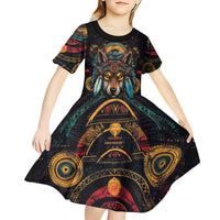 Native American Wolf Kid Short Sleeve Dress Abstract Geometric Style