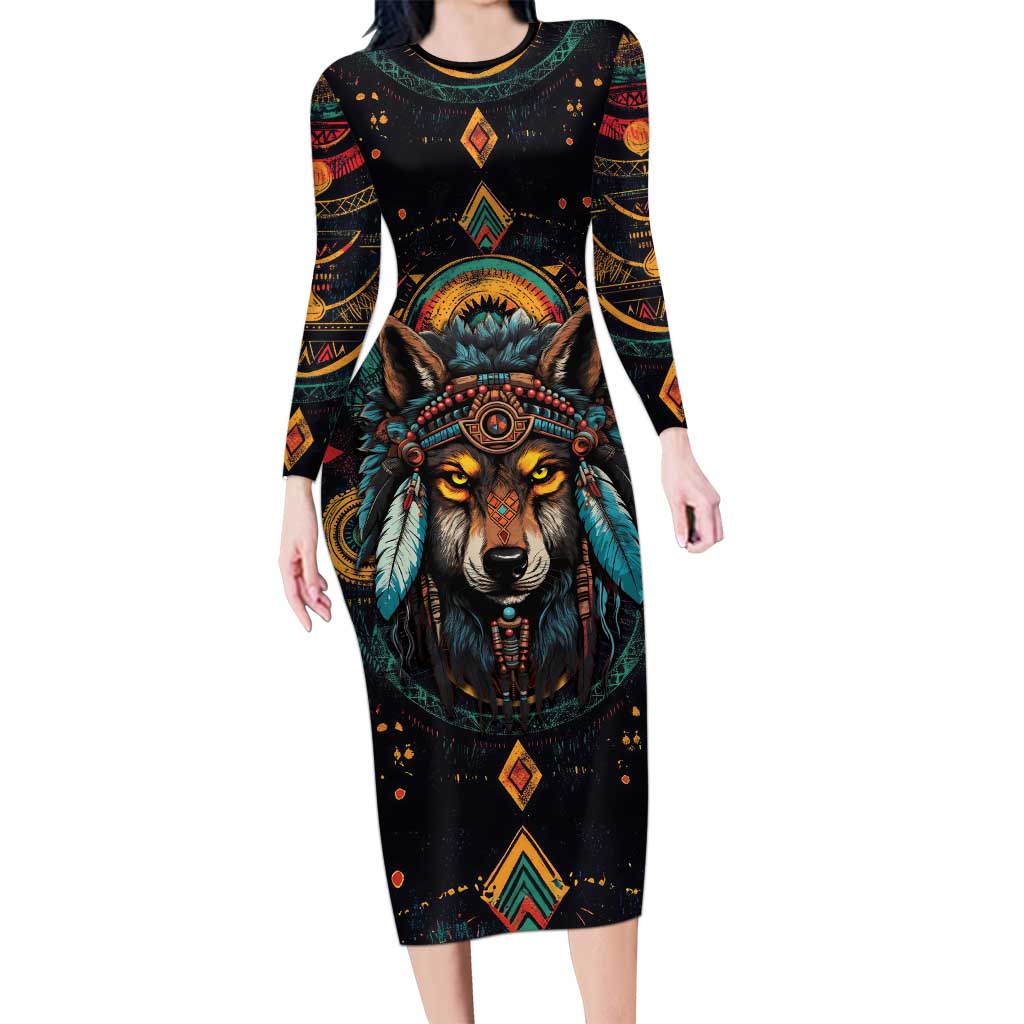 Native American Wolf Long Sleeve Bodycon Dress Abstract Geometric Style