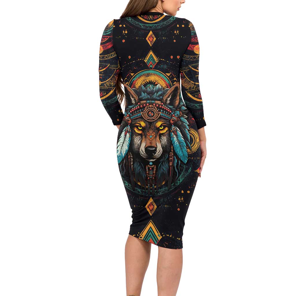 Native American Wolf Long Sleeve Bodycon Dress Abstract Geometric Style