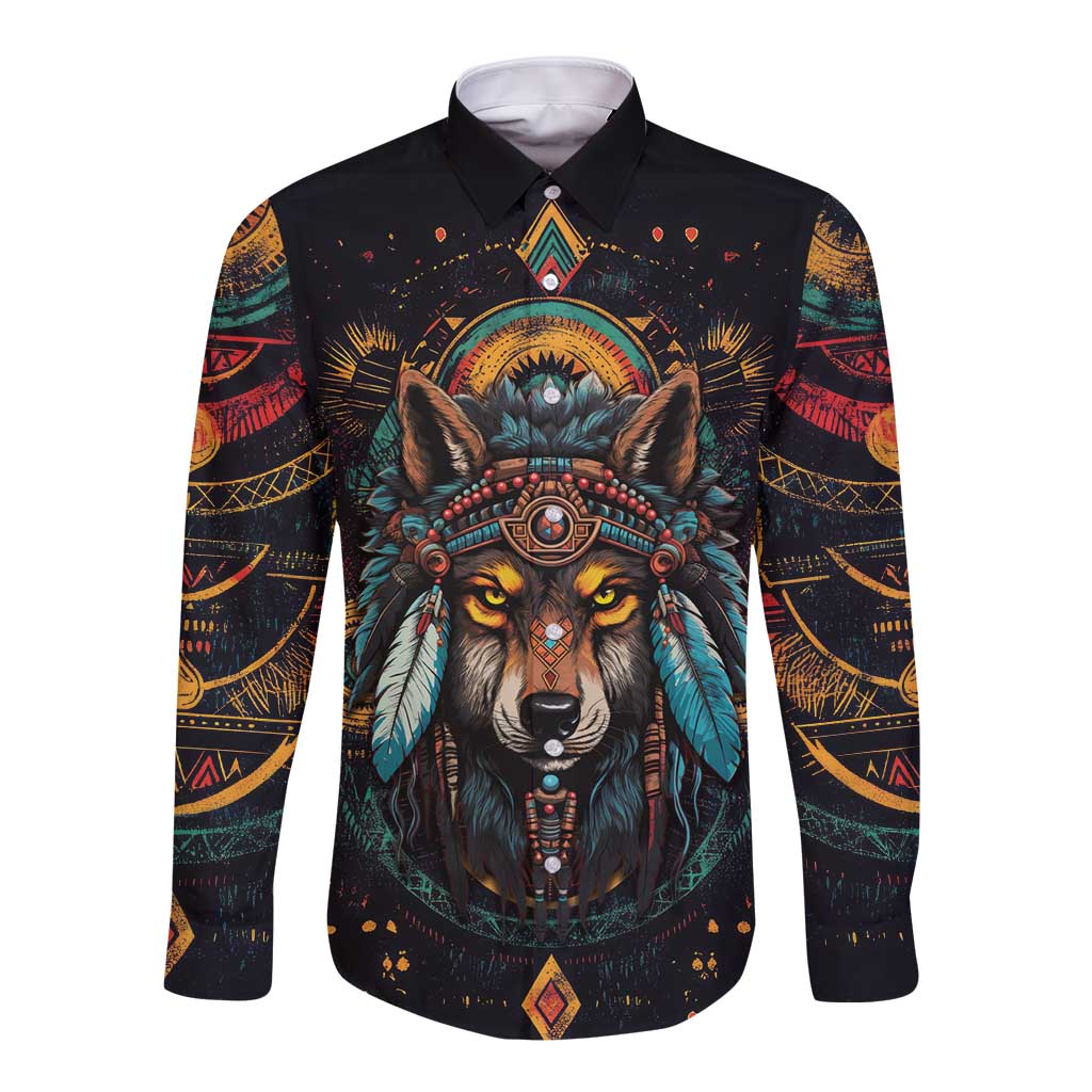 Native American Wolf Long Sleeve Button Shirt Abstract Geometric Style