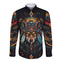 Native American Wolf Long Sleeve Button Shirt Abstract Geometric Style