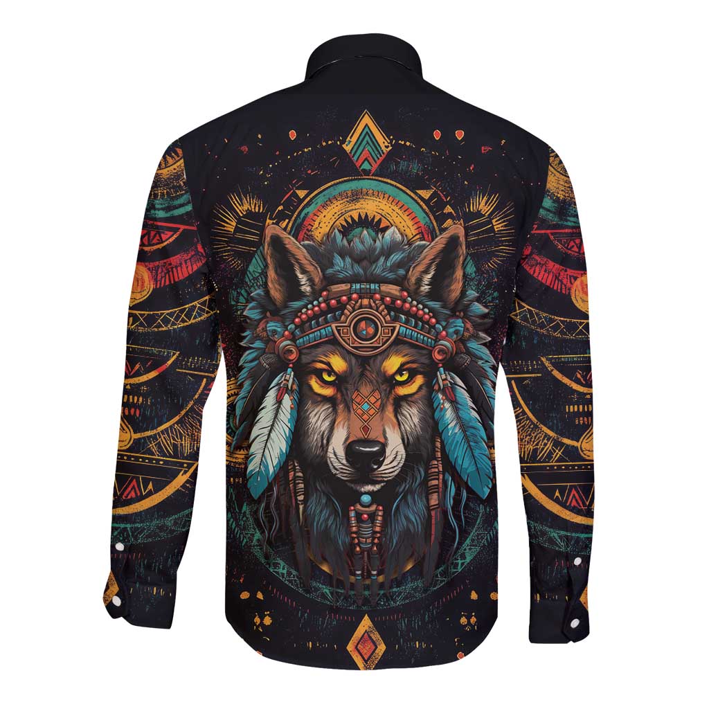 Native American Wolf Long Sleeve Button Shirt Abstract Geometric Style