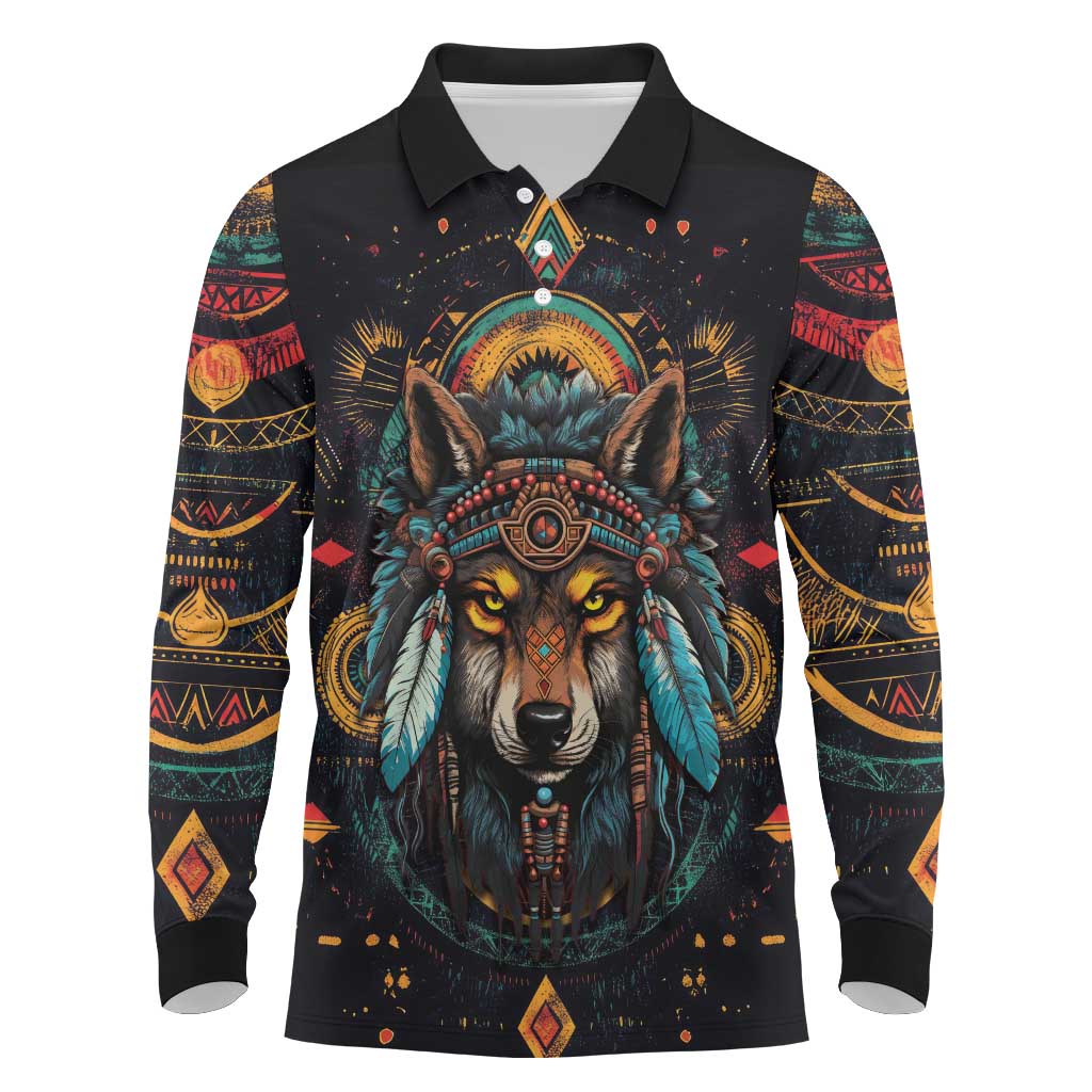 Native American Wolf Long Sleeve Polo Shirt Abstract Geometric Style