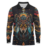 Native American Wolf Long Sleeve Polo Shirt Abstract Geometric Style