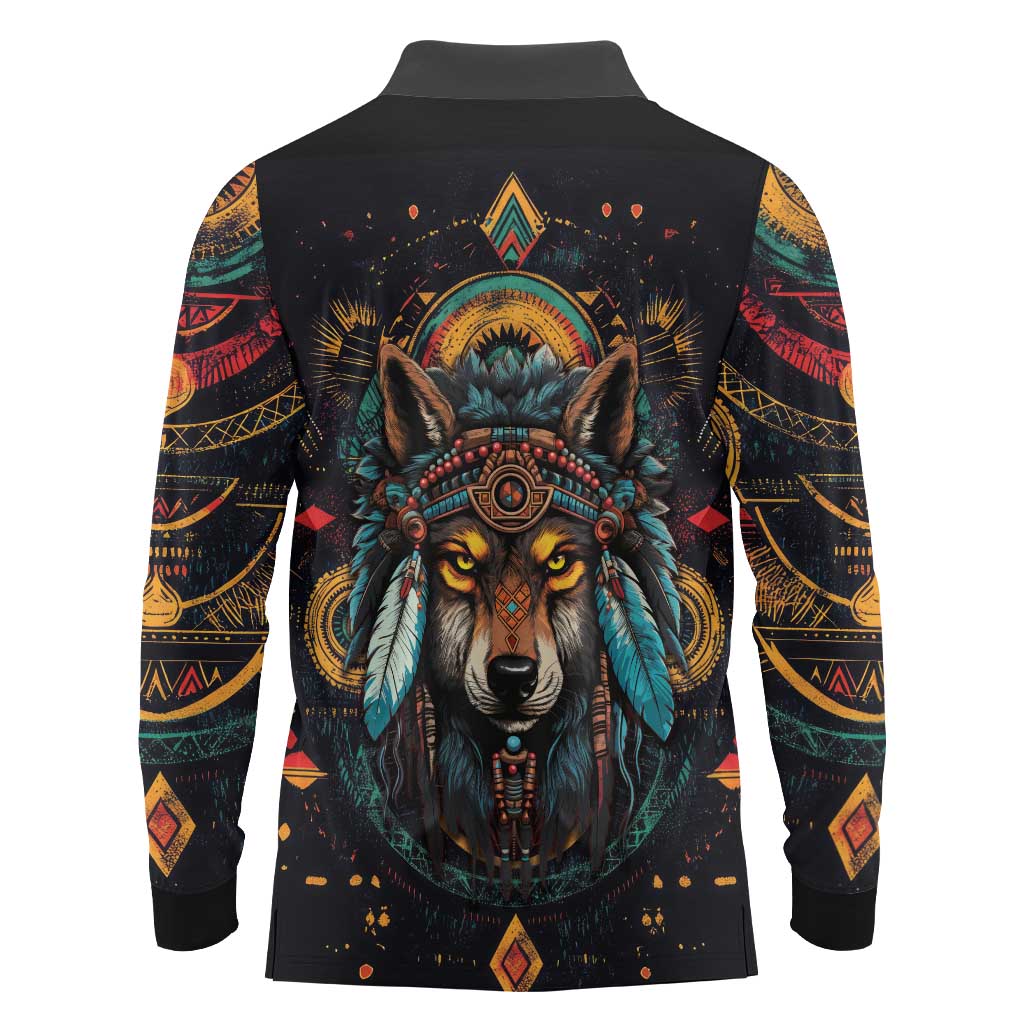 Native American Wolf Long Sleeve Polo Shirt Abstract Geometric Style