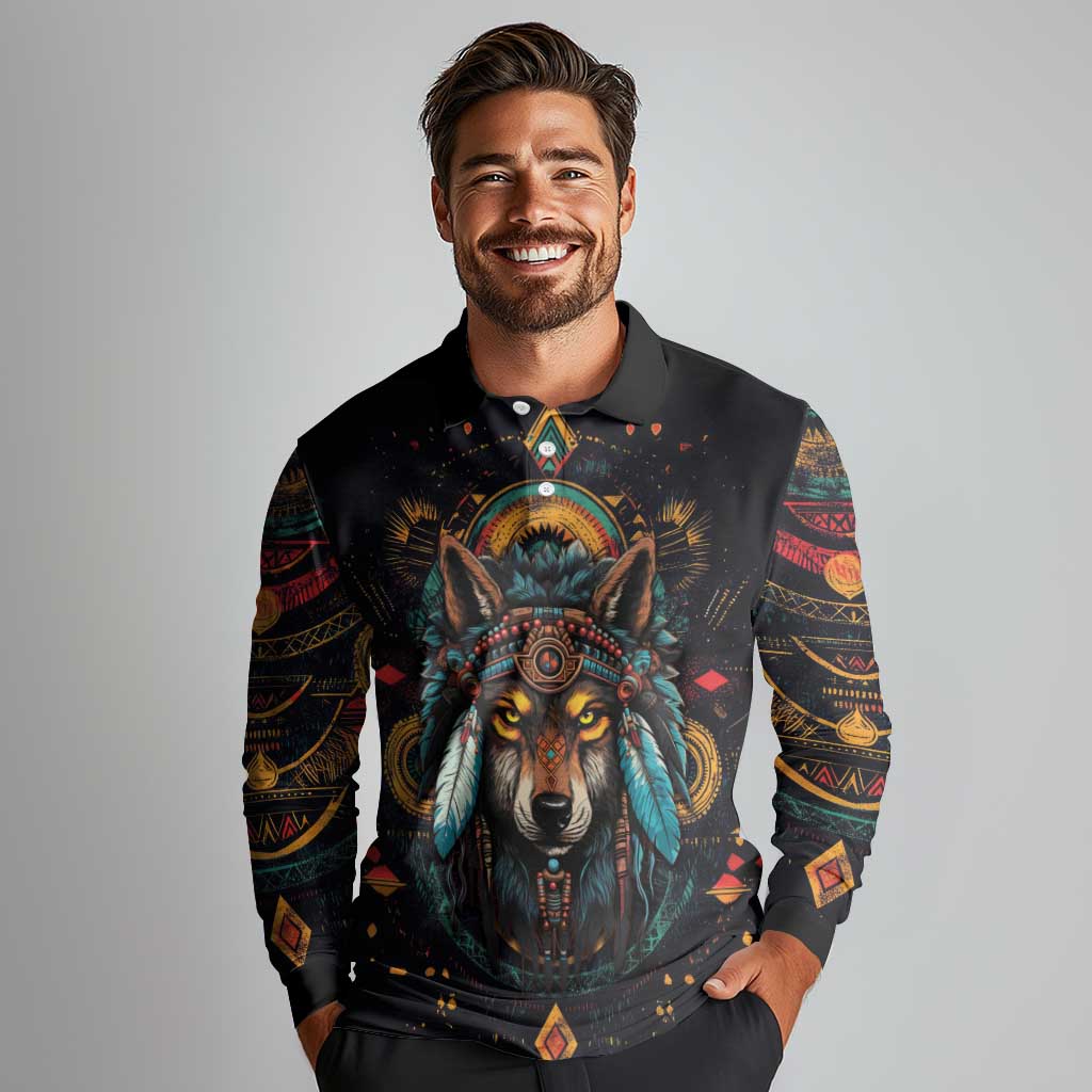 Native American Wolf Long Sleeve Polo Shirt Abstract Geometric Style
