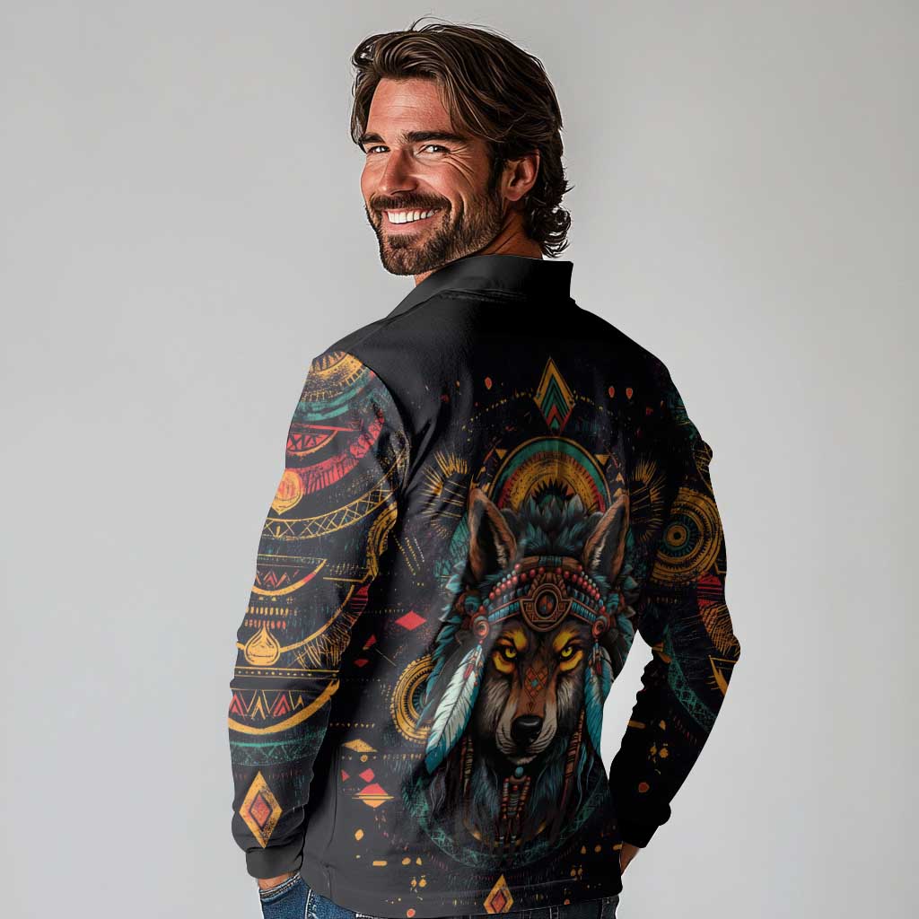 Native American Wolf Long Sleeve Polo Shirt Abstract Geometric Style