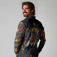 Native American Wolf Long Sleeve Polo Shirt Abstract Geometric Style