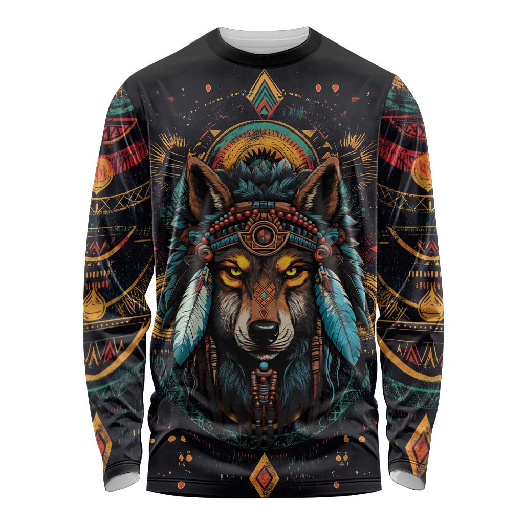 Native American Wolf Long Sleeve Shirt Abstract Geometric Style