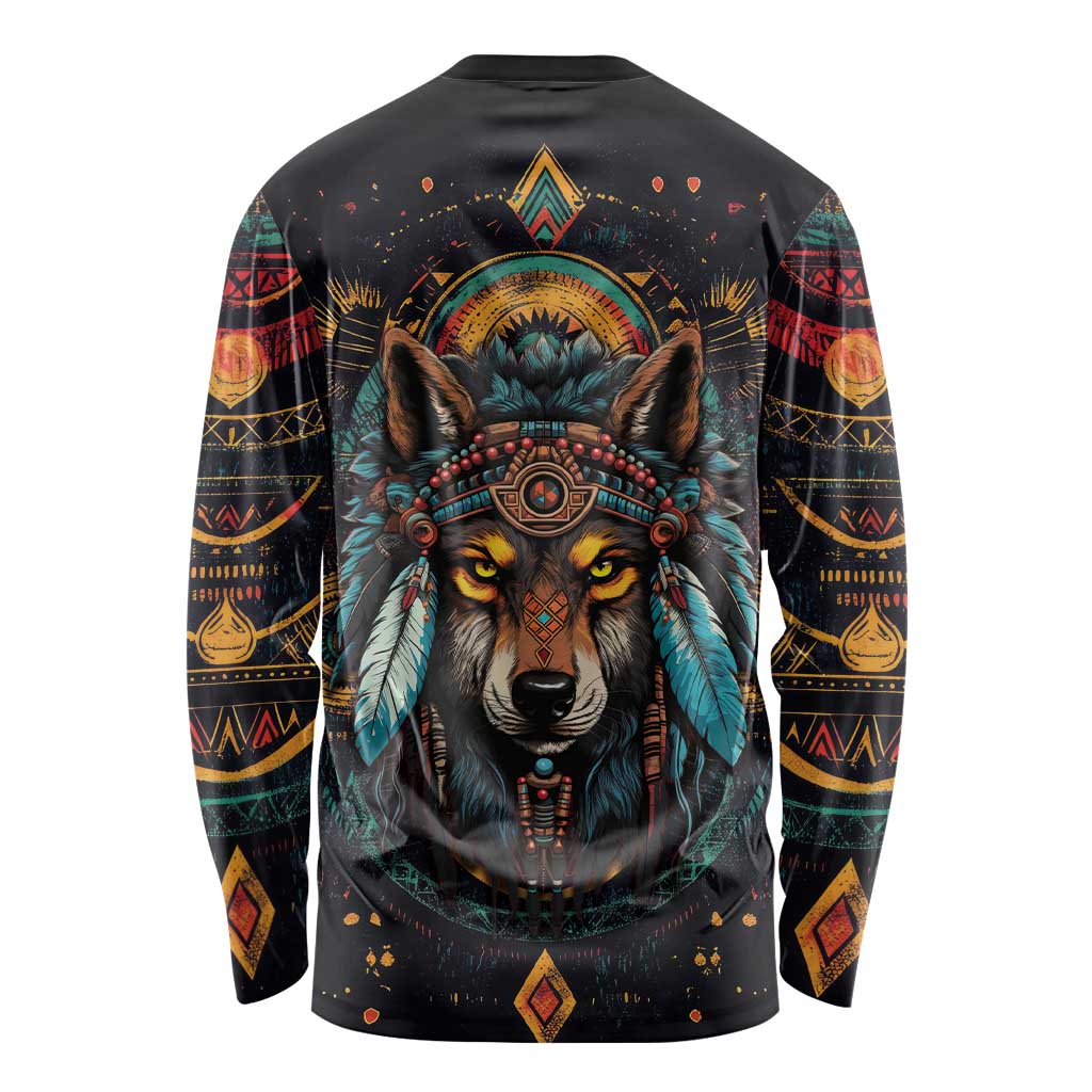 Native American Wolf Long Sleeve Shirt Abstract Geometric Style