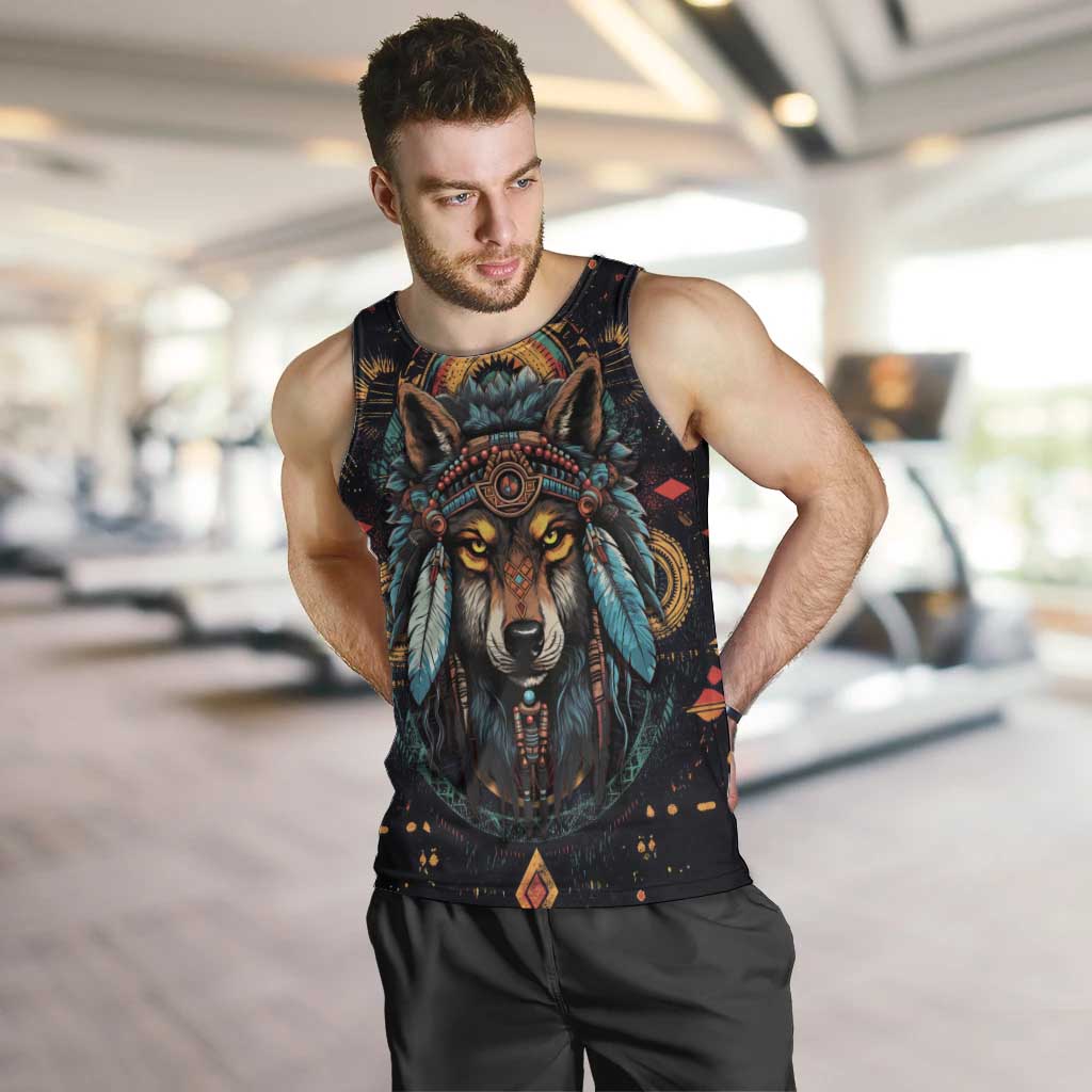 Native American Wolf Men Tank Top Abstract Geometric Style