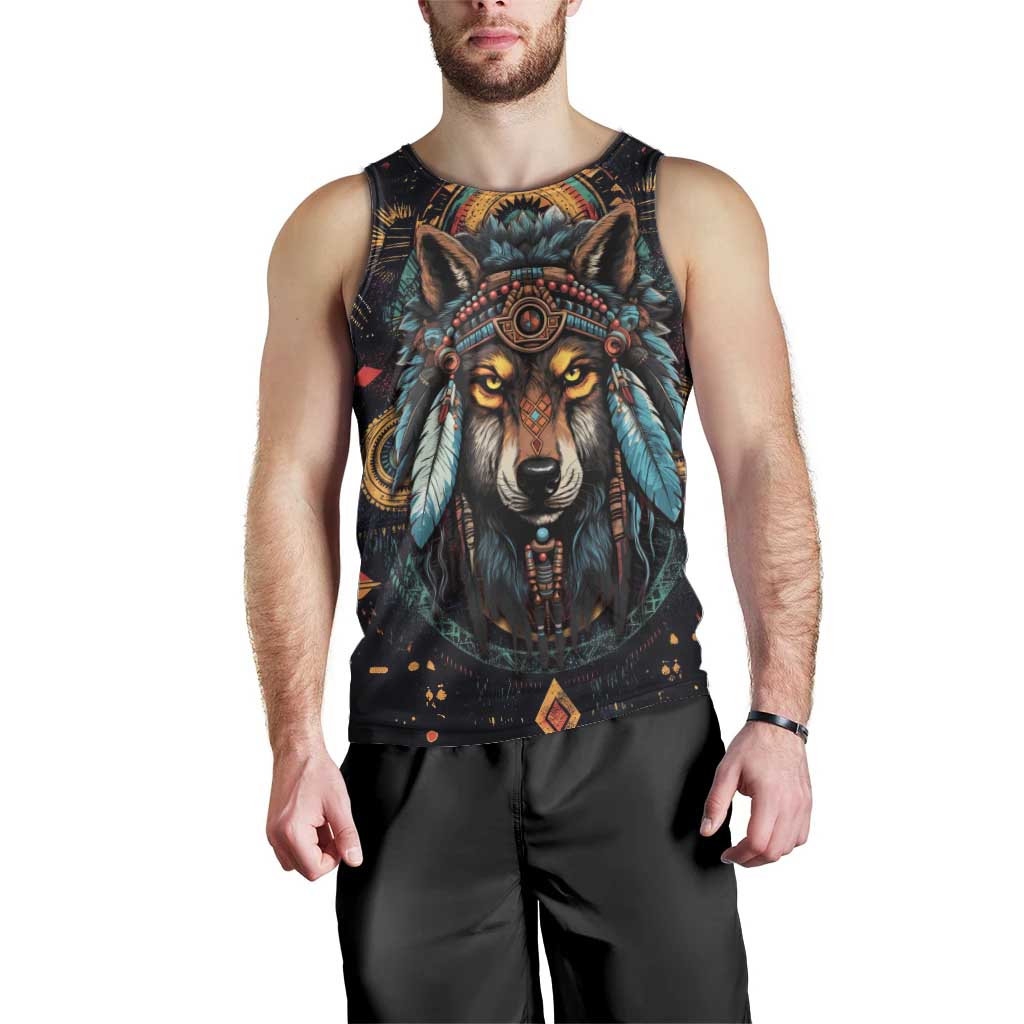 Native American Wolf Men Tank Top Abstract Geometric Style