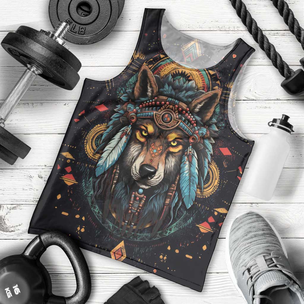 Native American Wolf Men Tank Top Abstract Geometric Style