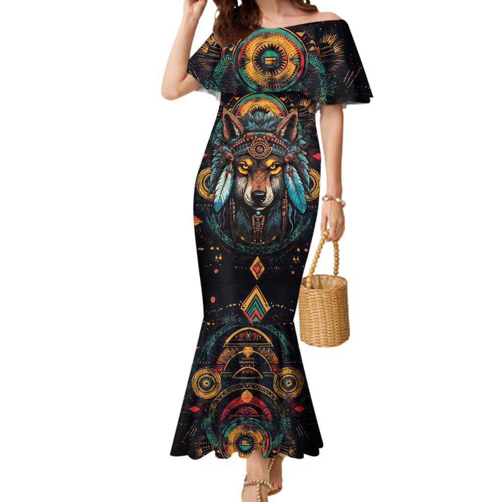 Native American Wolf Mermaid Dress Abstract Geometric Style